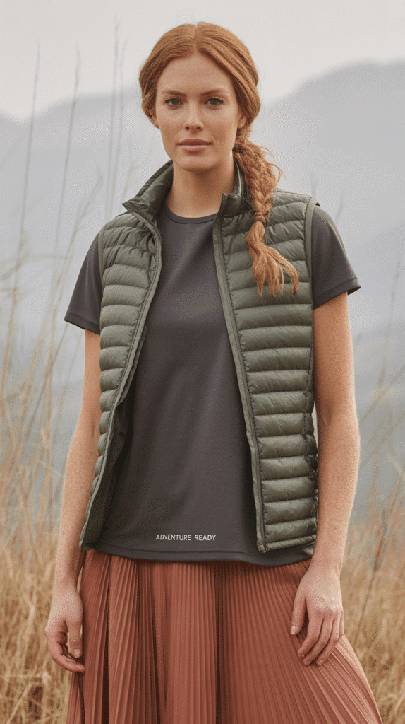 21 Fall Hiking Looks Women Swear By 21 Base Tee, Gilet Vest, and Hiking Skirt