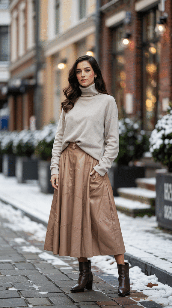 23 Winter Outfit Ideas to Stay Warm and Stylish 3 winter outfits: Layered Turtleneck and Midi Skirt
