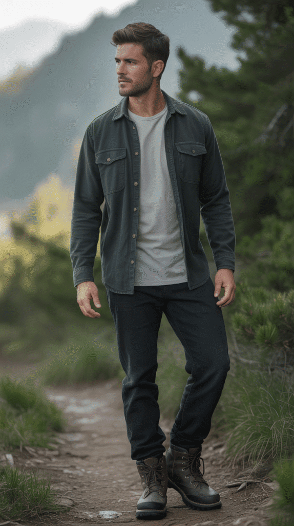 Top 21 Men’s Hiking Outfit Ideas 6 Flannel Shirt Over Tee
