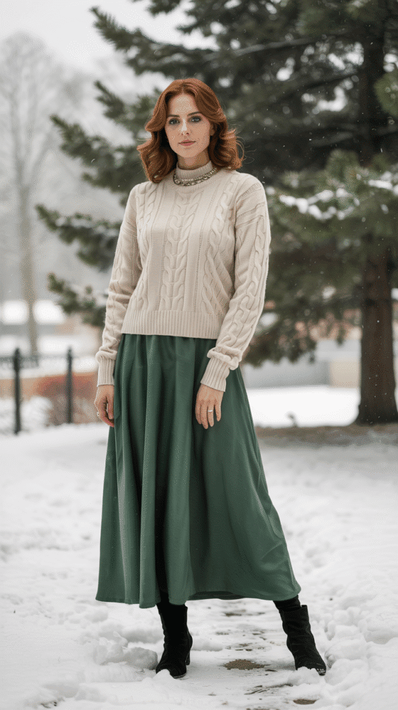 23 Winter Outfit Ideas to Stay Warm and Stylish 15 winter outfits: Cashmere Sweater and Midi Skirt