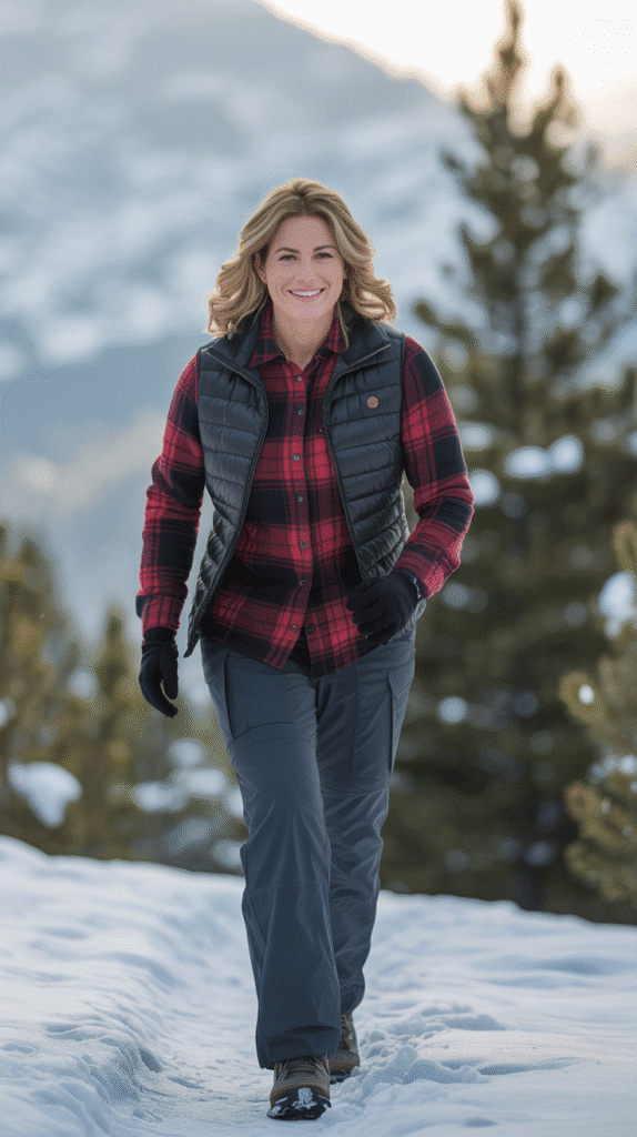 Cold Weather Hiking Outfits: 25 Stylish Picks 18 Collared Flannel Shirt + Vest + Waterproof Pants