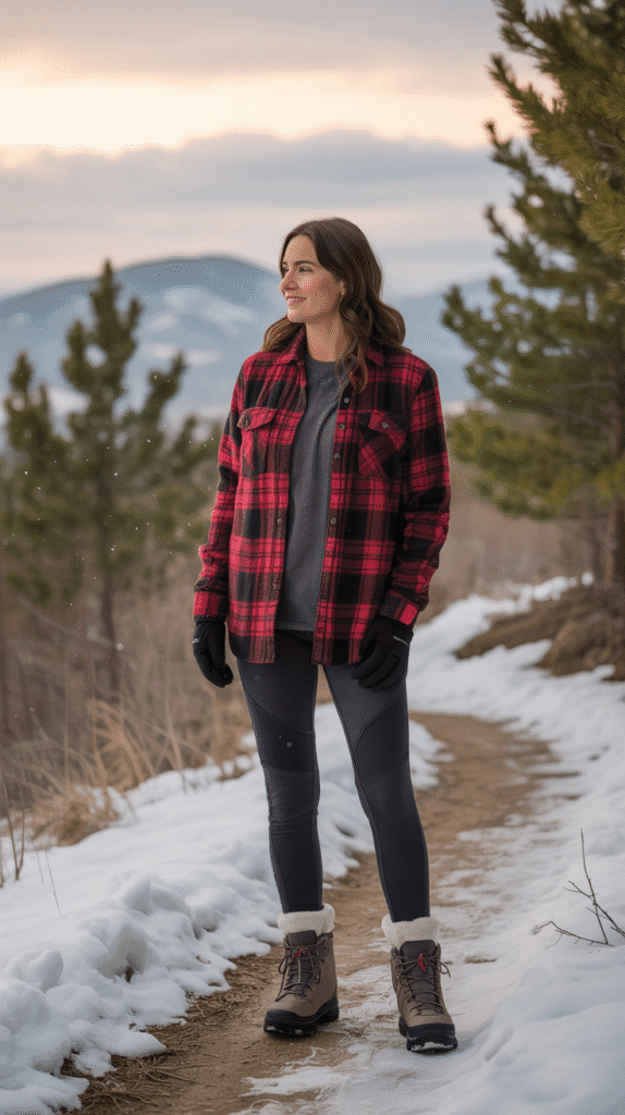 27 Winter Hiking Outfits That Keep You Warm 17 Flannel Over Thermal Tee and Fleece Tights