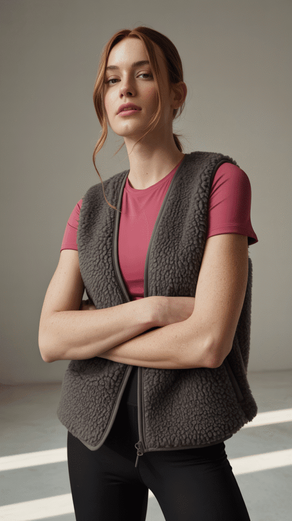 21 Fall Hiking Looks Women Swear By 4 Sherpa Vest Over Performance Tee