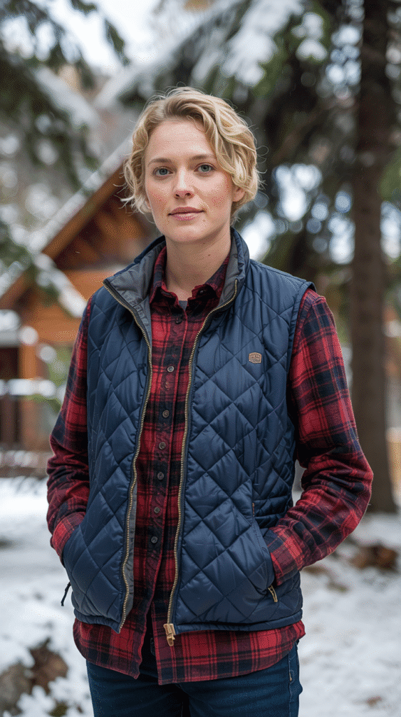 23 Winter Outfit Ideas to Stay Warm and Stylish 9 winter outfits: Quilted Vest with Flannel Shirt