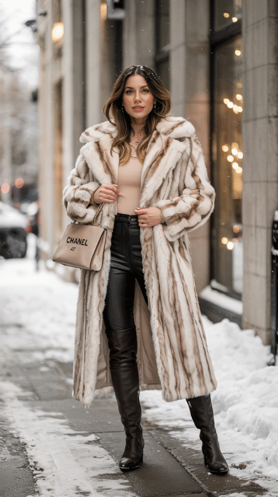 23 Winter Outfit Ideas to Stay Warm and Stylish 5 winter outfits: Faux Fur Coat and Leather Pants