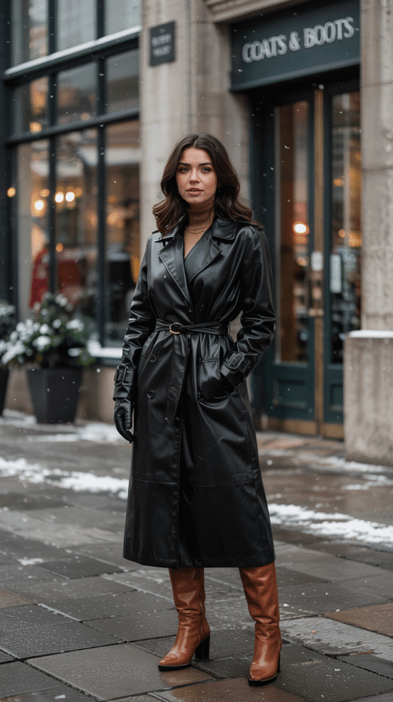 23 Winter Outfit Ideas to Stay Warm and Stylish 19 winter outfits: Leather Trench Coat with Ankle Boots