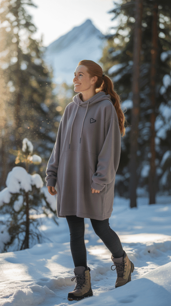 27 Winter Hiking Outfits That Keep You Warm 24 Fleece Hoodie Dress + Thermal Leggings