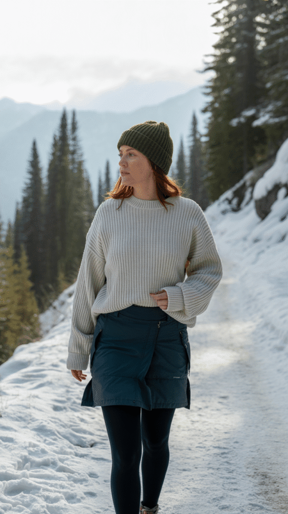 Cold Weather Hiking Outfits: 25 Stylish Picks 10 Wool Sweater and Hiking Skirt with Tights