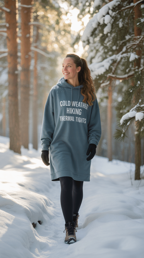 Cold Weather Hiking Outfits: 25 Stylish Picks 16 Thermal Tights + Long Hoodie Dress