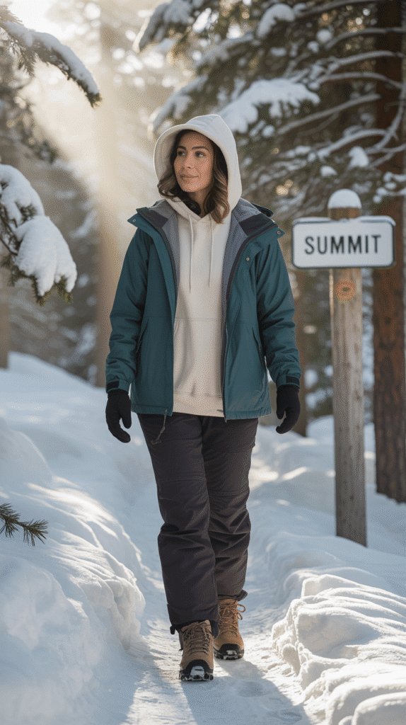 27 Winter Hiking Outfits That Keep You Warm 15 Layered Hoodie and Insulated Pants