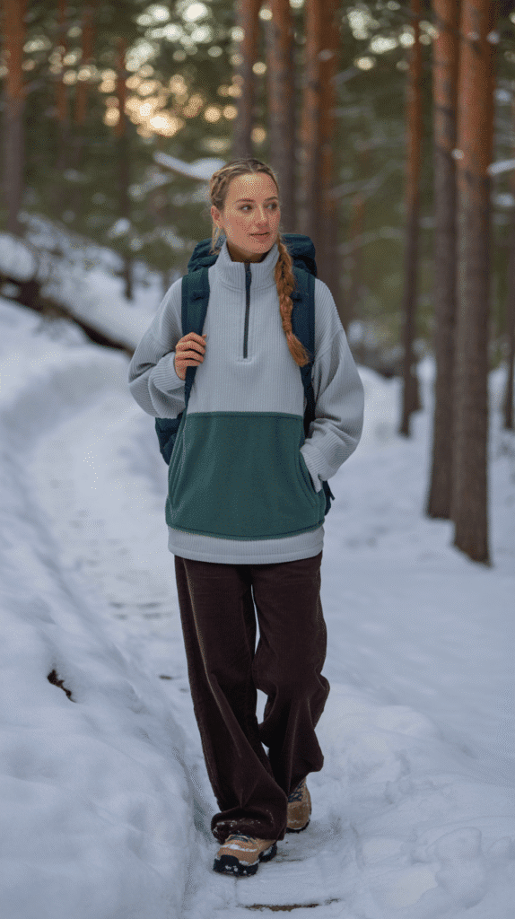 27 Winter Hiking Outfits That Keep You Warm 10 Layered Quarter-Zip + Fleece Vest