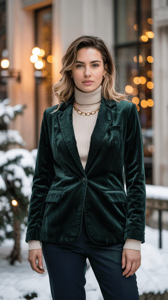 23 Winter Outfit Ideas to Stay Warm and Stylish 21 winter outfits: Velvet Blazer and Turtleneck