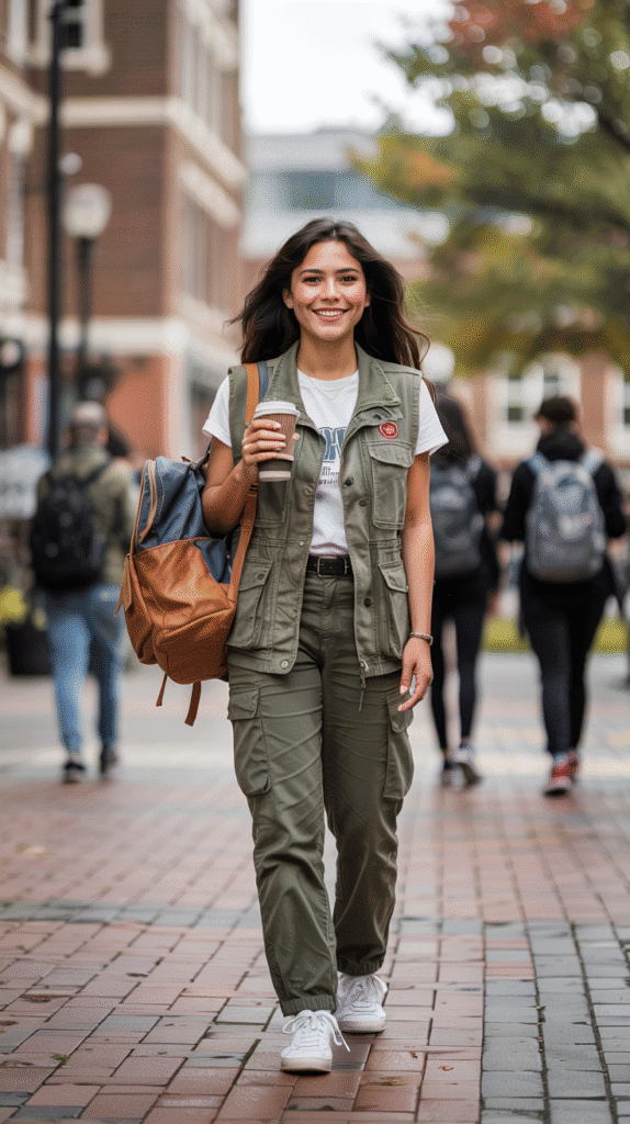 21 Must-Try College Outfit Ideas for Every Season 15 College Outfit: Utility Vest with Cargo Pants