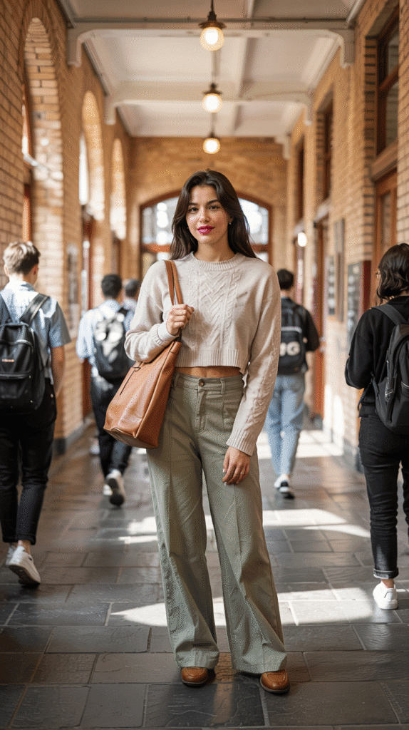 21 Must-Try College Outfit Ideas for Every Season 14 College Outfit: Cropped Sweater and Wide-Leg Pants