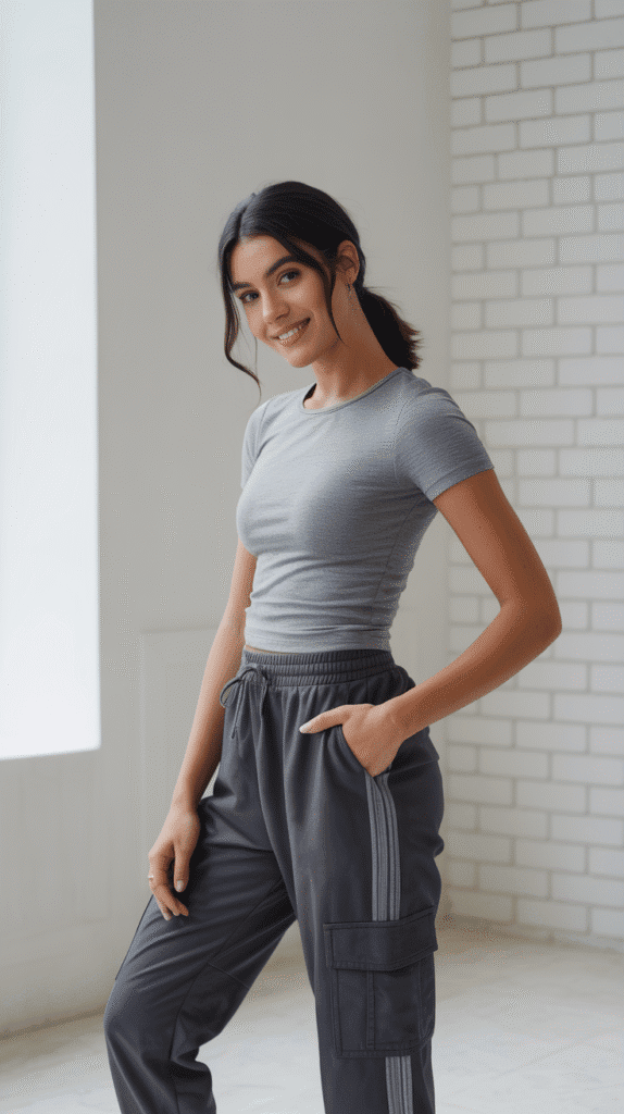 23 Chic Hiking Looks for Women 10 Utility Joggers and Fitted Tee