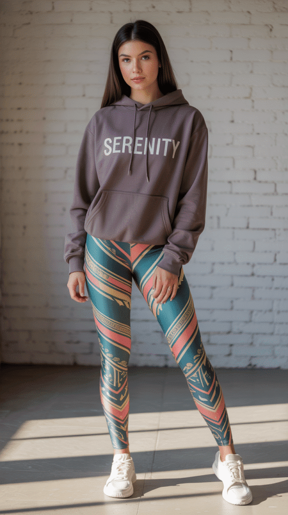 21 Fall Hiking Looks Women Swear By 6 Patterned Leggings and Solid Hoodie