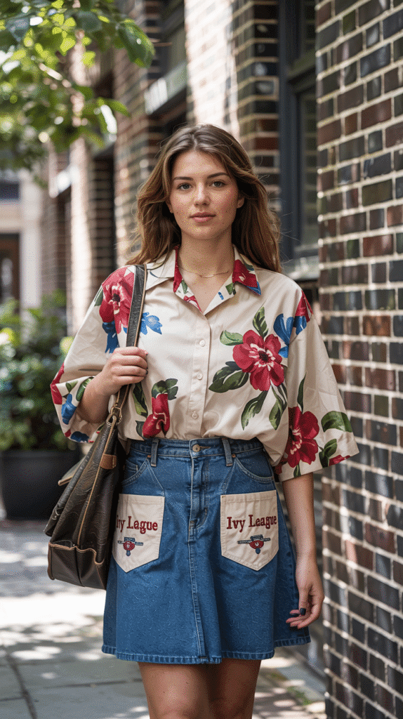 21 Must-Try College Outfit Ideas for Every Season 18 College Outfit: Statement Blouse with Denim Skirt