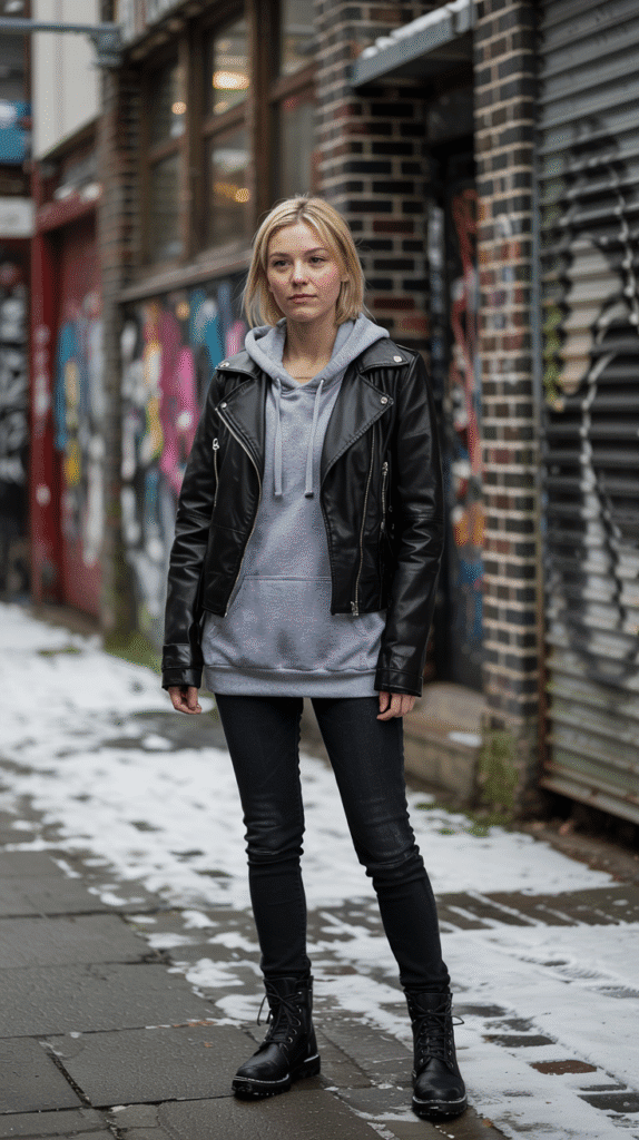23 Winter Outfit Ideas to Stay Warm and Stylish 10 winter outfits: Faux Leather Moto Jacket with Hoodie