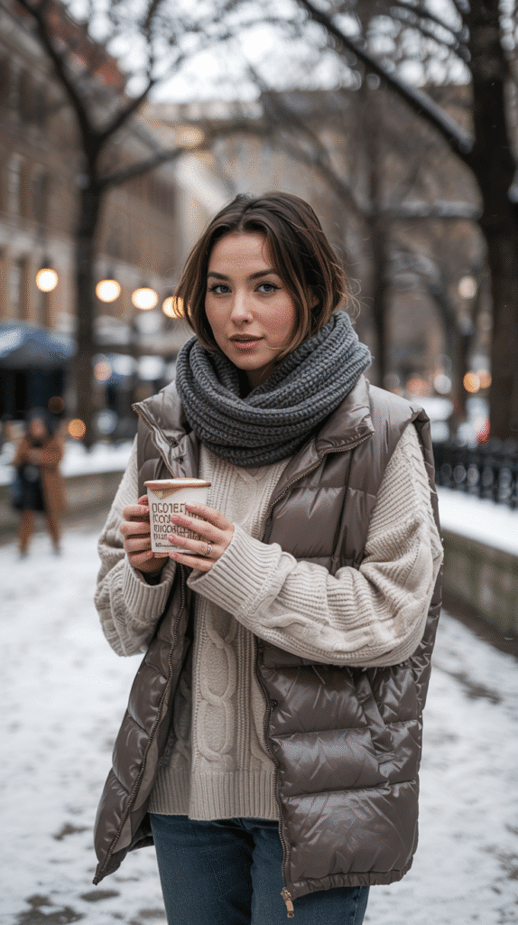 23 Winter Outfit Ideas to Stay Warm and Stylish 18 winter outfits: Infinity Scarf with Puffer Vest