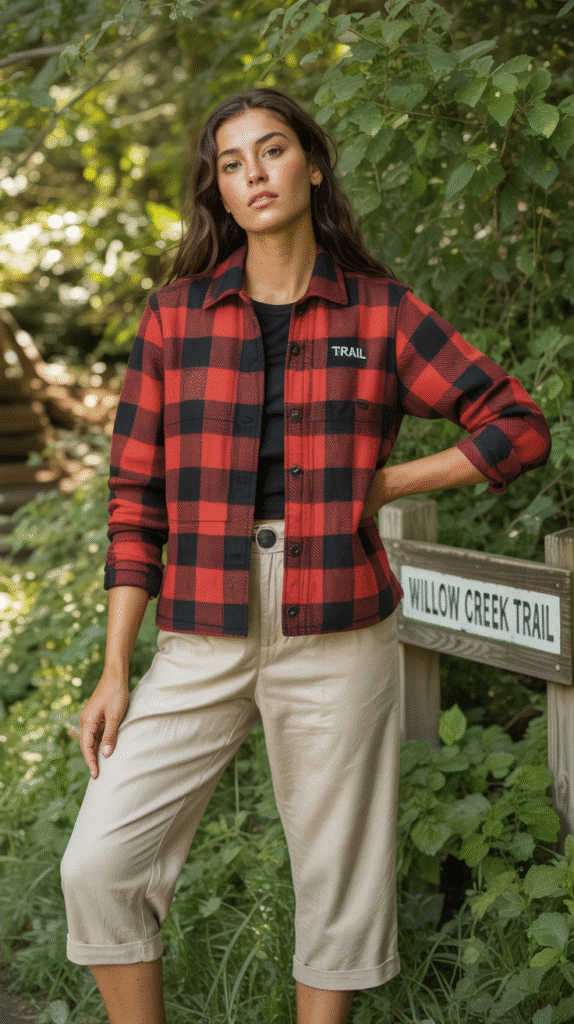 21 Fall Hiking Looks Women Swear By 12 Trail Flannel Jacket and Capri Pants