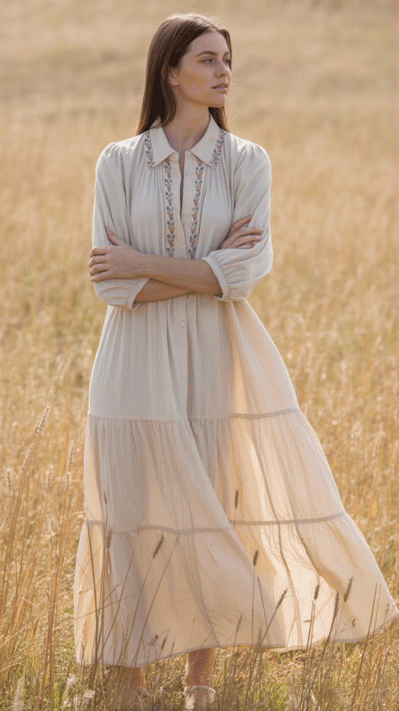 23 Chic Hiking Looks for Women 19 Feminine Maxi Shirt Dress (Layered)
