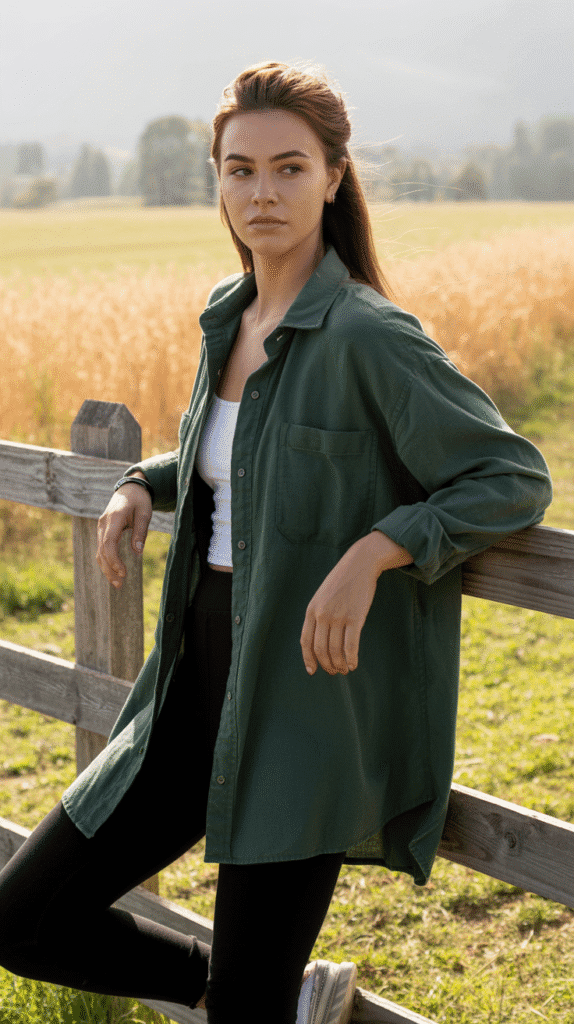 23 Chic Hiking Looks for Women 9 Oversized Flannel and Leggings