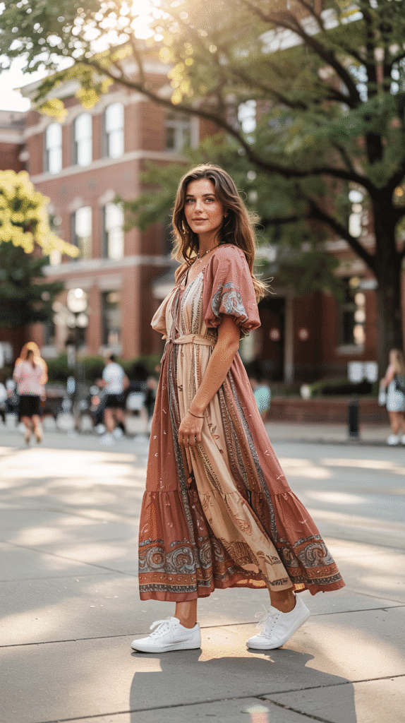 21 Must-Try College Outfit Ideas for Every Season 10 College Outfit: Boho Maxi Dress with Sneakers