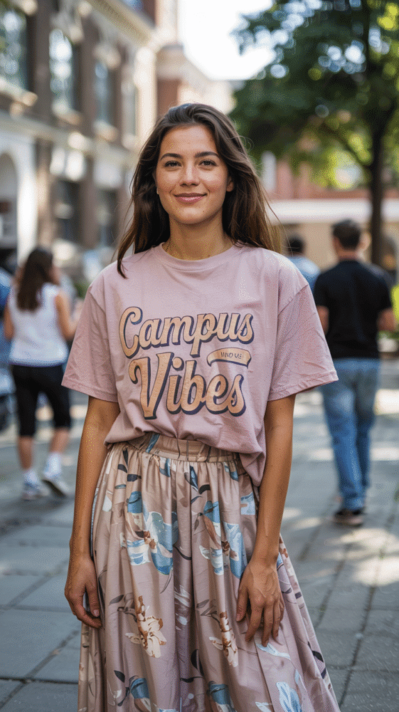 23 Effortless College Outfit Inspiration for 2025 8 College Outfit: Graphic Tee and Midi Skirt