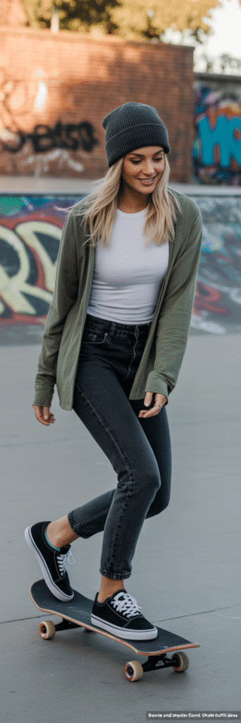 20 Skate Outfit Ideas to Inspire Your Next Look 9 Beanie and Layered Tee Combo