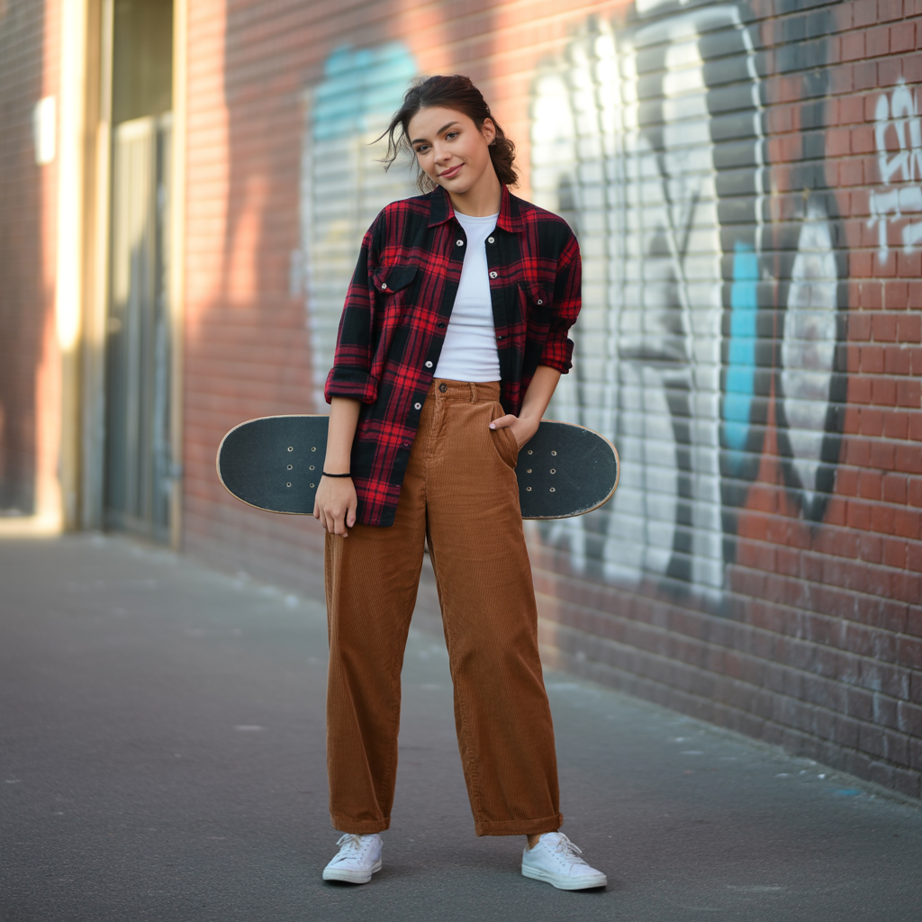 20 Skate Outfit Ideas to Inspire Your Next Look 17 Plaid Shirt and Corduroy Pants