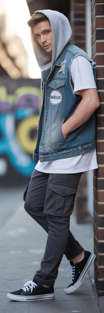 20 Skateboard Outfit Ideas for Boys 13 Hooded Denim Vest Style