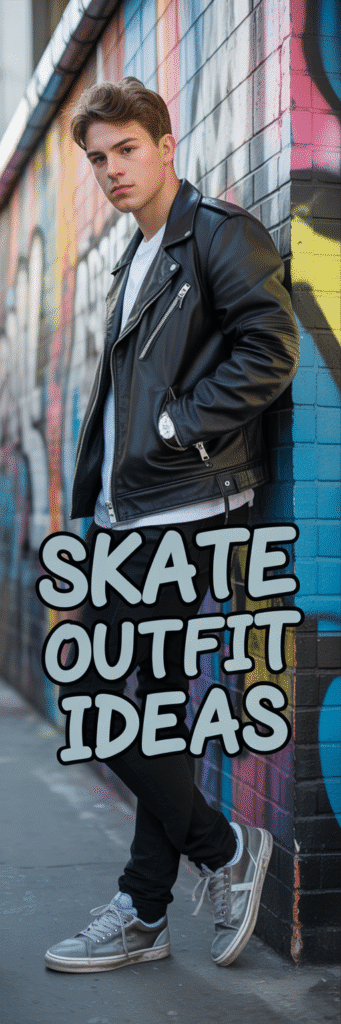 20 Skateboard Outfit Ideas for Boys 14 Leather Jacket with Skate Shoes