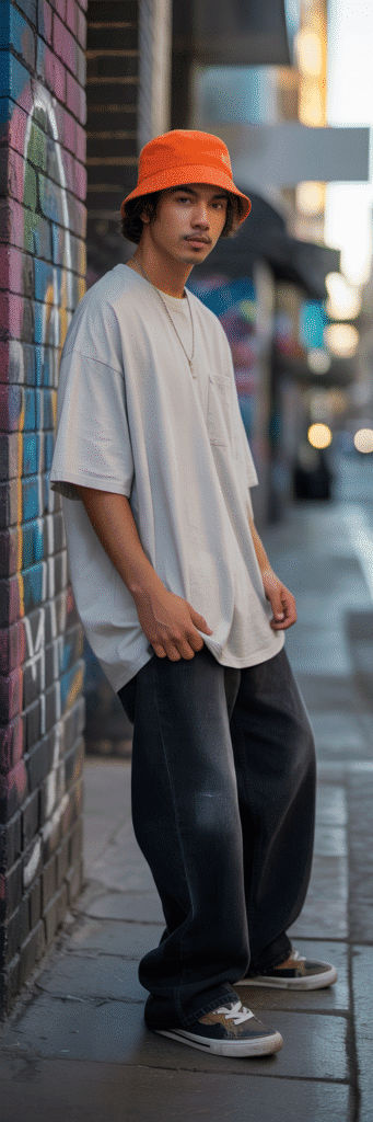 20 Best Skate Outfit Ideas for Men 14 Bucket Hat and Oversized Tee