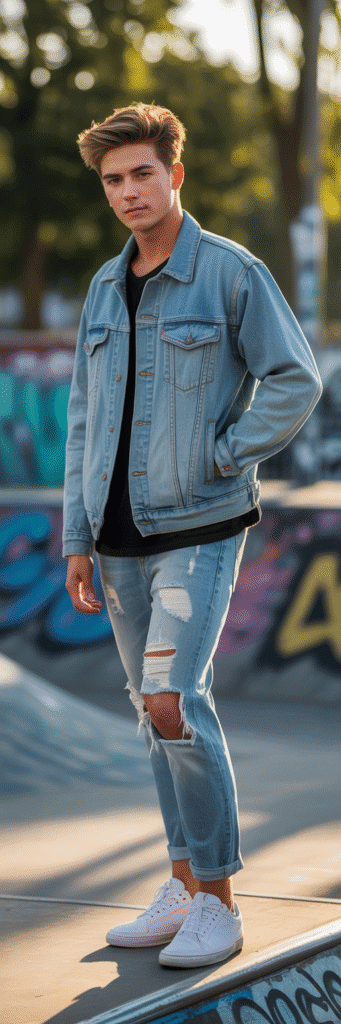 20 Skateboard Outfit Ideas for Boys 5 Denim Jacket with Ripped Jeans