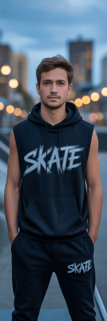 20 Best Skate Outfit Ideas for Men 17 Sleeveless Hoodie and Joggers