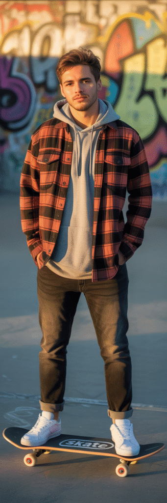 20 Skateboard Outfit Ideas for Boys 3 Layered Flannel and Hoodie