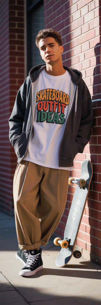 20 Skateboard Outfit Ideas for Boys 17 Graphic Hoodie and Wide-Leg Pants