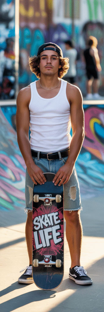 20 Skateboard Outfit Ideas for Boys 11 Tank Top and Cut-Off Shorts