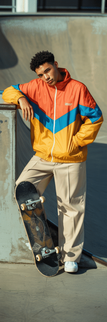 20 Best Skate Outfit Ideas for Men 5 Vintage Windbreaker and Loose Fit Pants
