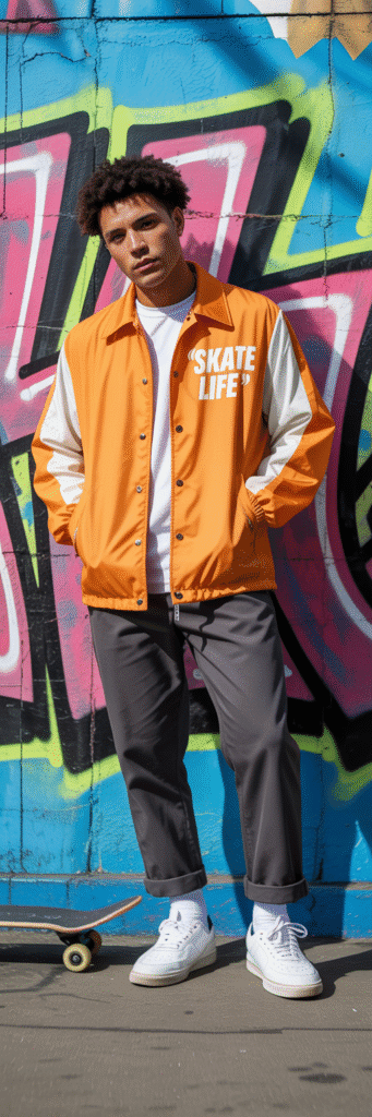 20 Best Skate Outfit Ideas for Men 12 Coach Jacket and Cuffed Pants