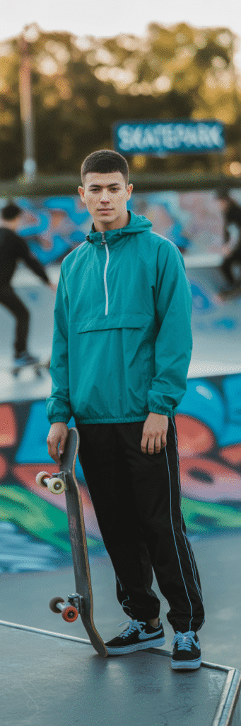 20 Skateboard Outfit Ideas for Boys 9 Windbreaker and Track Pants