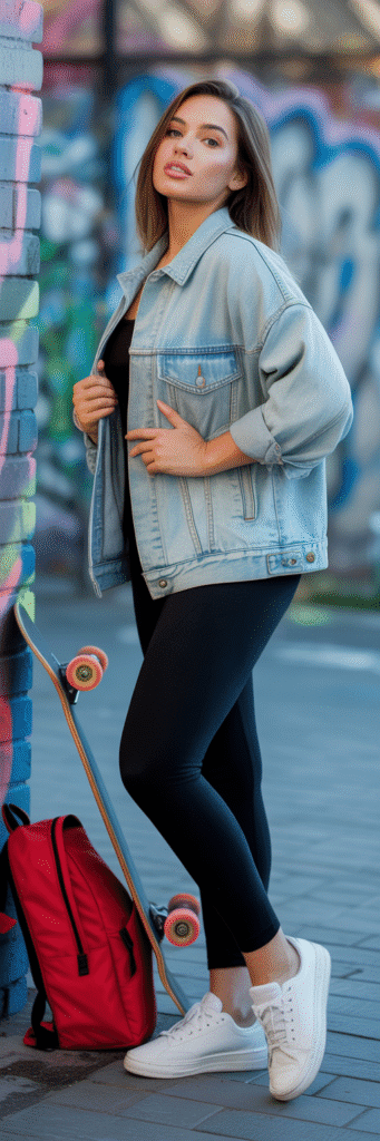20 Cute Skate Outfit Ideas for Girls 15 Denim Jacket and Leggings