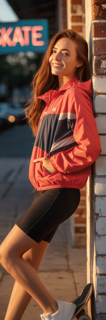 20 Cute Skate Outfit Ideas for Girls 10 Sporty Windbreaker and Biker Shorts