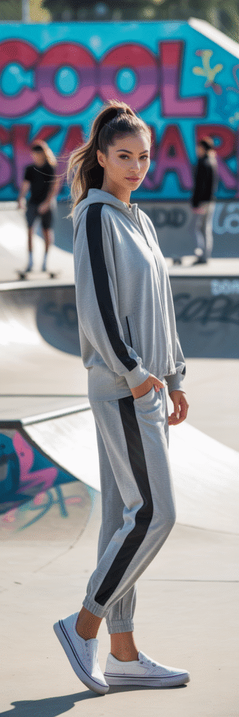 20 Cool Skate Park Outfit Ideas You’ll Love 2 Athleisure Tracksuit and Slip-Ons