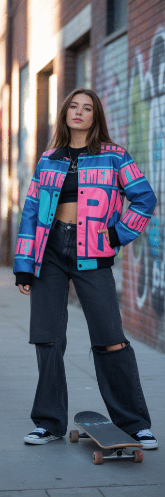 20 Skate Outfit Ideas to Inspire Your Next Look 19 Statement Jacket and Black Jeans