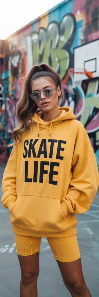 20 Cool Skate Park Outfit Ideas You’ll Love 5 Oversized Hoodie and Bike Shorts