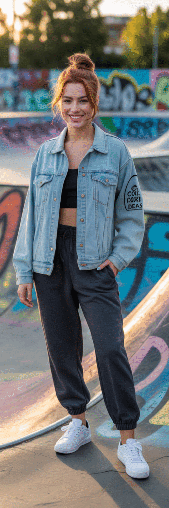 20 Cool Skate Park Outfit Ideas You’ll Love 15 Denim Jacket and Jogger Pants