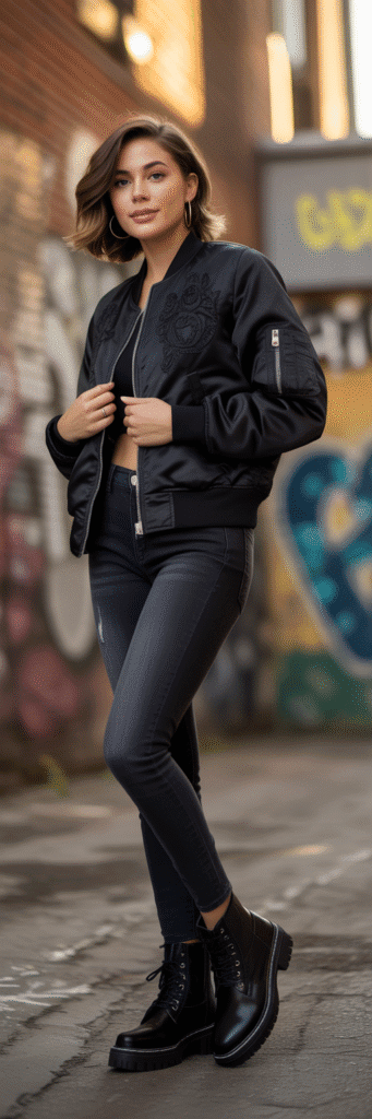20 Creative Outfit Ideas with Skate Jeans 8 Bomber Jacket and Slim Skate Jeans