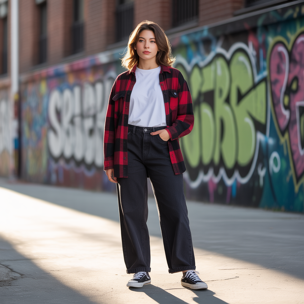 20 Skate Outfit Ideas to Inspire Your Next Look 3 Flannel Shirt and Black Jeans