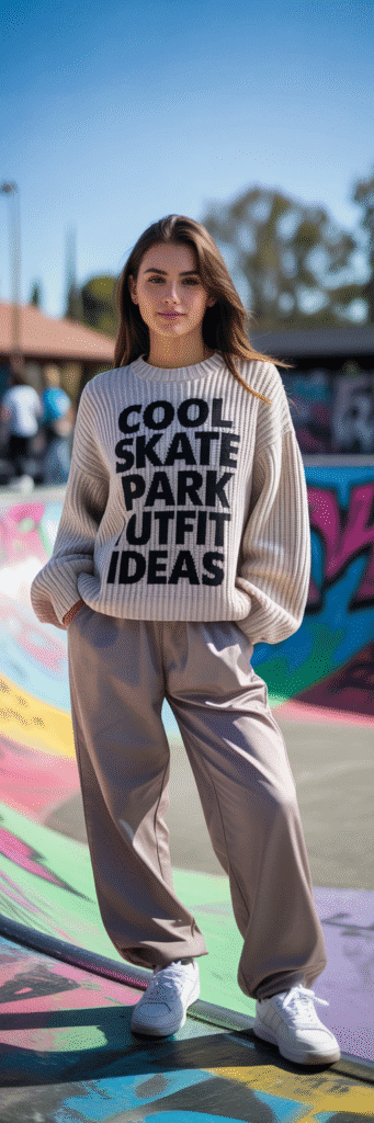 20 Cool Skate Park Outfit Ideas You’ll Love 18 Knit Sweater and Track Pants